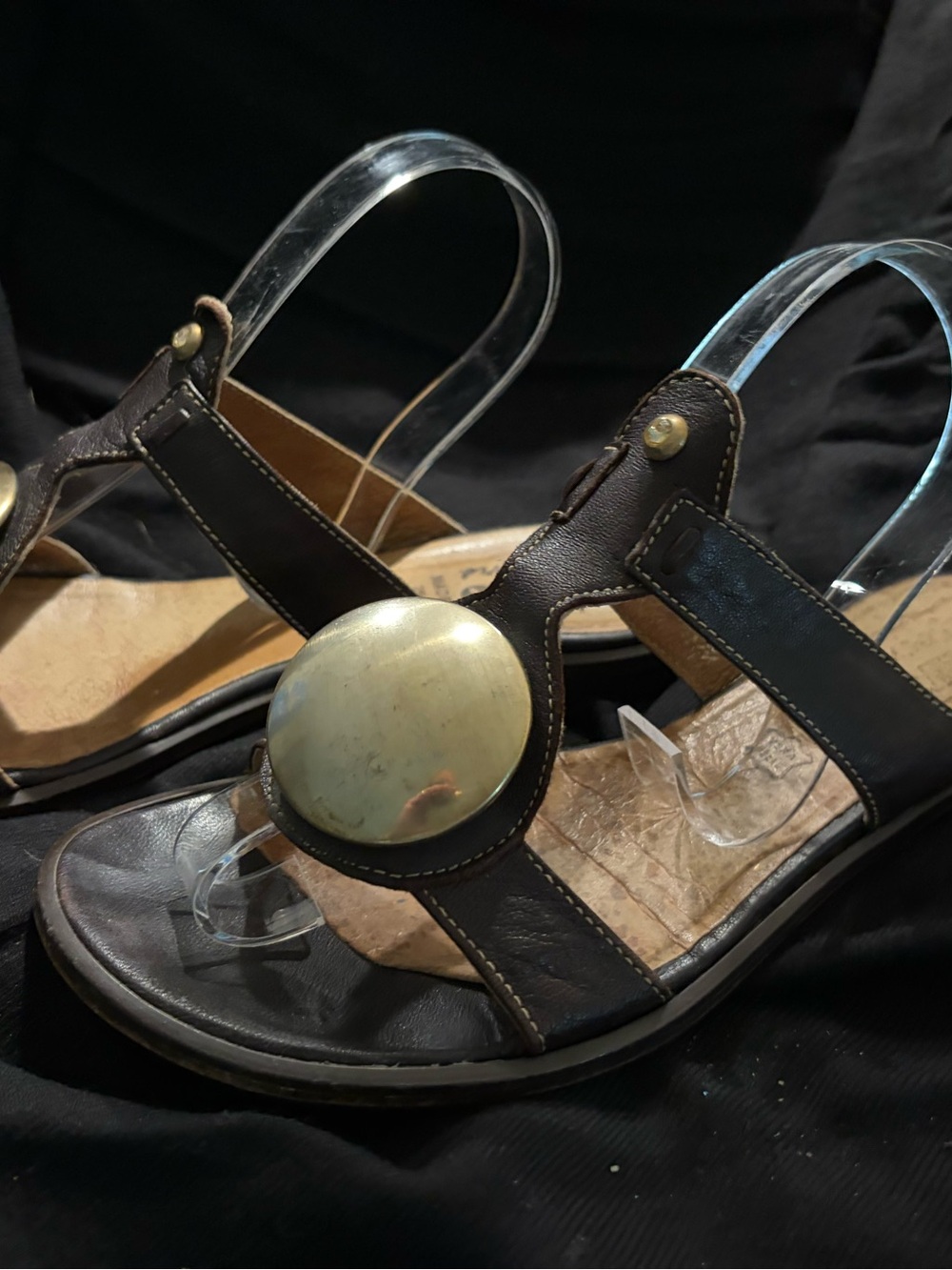 Women’s Dark Brown Leather Sandals with Large Brass Accent